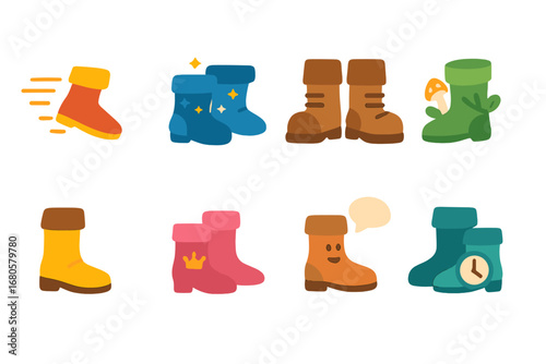 Fairy Tale Boots Icons. Flat vector mini-illustrations boots in fairy tales in colors children's illustrations: boots of speed,