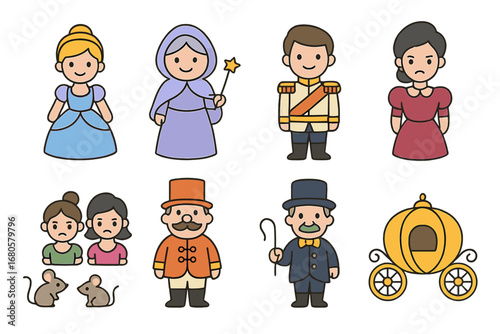 Fairy Tale Icons. Flat vector mini-illustrations fairy tale characters in colors children's illustrations: Cinderella, fairy
