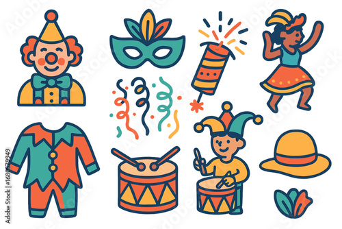 Festive Icons. Flat vector mini-illustrations festival procession in colors children's illustrations: clowns, masks, streamers,