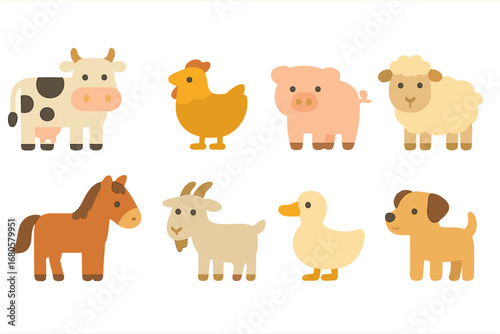Farm Animal Icons. Flat vector mini-illustrations peasant animals in colors children's illustrations: cow, chicken, pig, sheep,