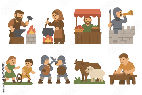 Fortress Daily Life Icons. Flat vector mini-illustrations fortress daily life in colors children's illustrations: blacksmith,
