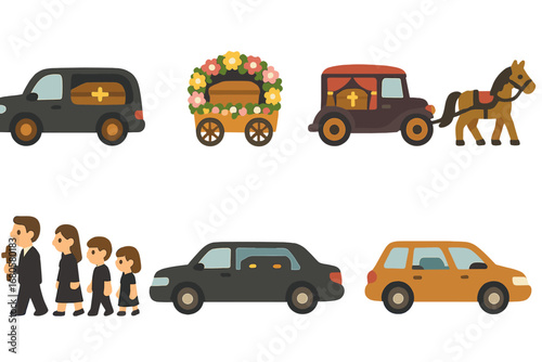 Funeral Transport Icons. Flat vector mini-illustrations funeral transportation in colors children's illustrations: hearse, flower