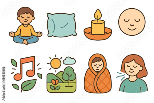 Healing Through Childhood Eyes. Flat vector mini-illustrations mental breakdown and relaxation in colors children's illustrations: