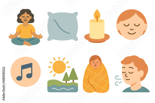 Healing Through Childhood Eyes. Flat vector mini-illustrations mental breakdown and relaxation in colors children's illustrations: