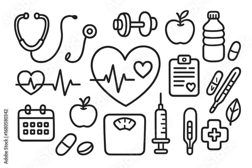 Heart Health Doodle. Hand-drawn doodle illustration circulatory system heart health heart, ECG line, stethoscope, dumbbell, apple,