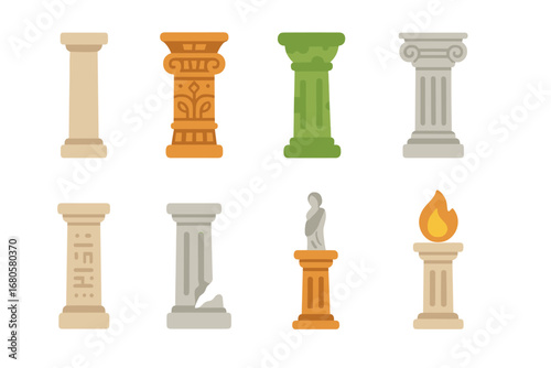 Historic Pillar Icons. Flat vector mini-illustrations historic pillars in colors children's illustrations: ancient stone pillar,