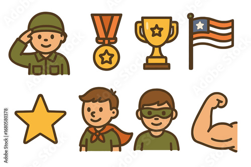 Heroic Icons Grid. Flat vector mini-illustrations war heroes in colors children's illustrations: soldier salute, medal, trophy,