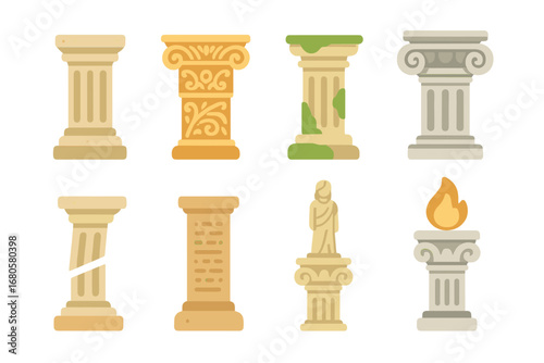 Historic Pillar Icons. Flat vector mini-illustrations historic pillars in colors children's illustrations: ancient stone pillar,