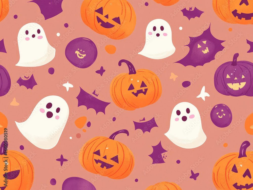 Naklejka premium Seamless Halloween pattern with cute pumpkins, ghosts, and stars in pastel purple and orange background, kawaii spooky design for seasonal decoration, textiles, wrapping, and digital backgrounds
