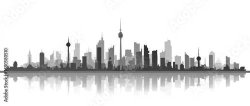 Monochrome cityscape silhouette with reflection
