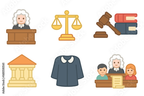 Judicial System Icons. Flat vector mini-illustrations judicial system in colors children's illustrations: judge’s bench, scales of