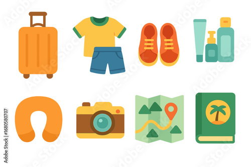 Kids' Travel Essentials. Flat vector mini-illustrations travel packing in colors children's illustrations: suitcase, clothes,