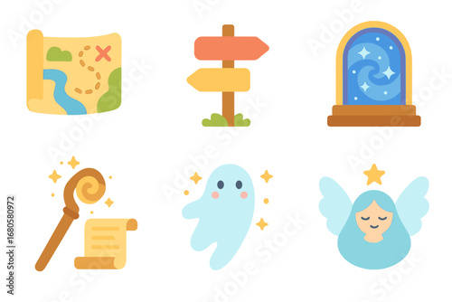 Magical Journey Icons. Flat vector mini-illustrations tarot storytelling in colors children's illustrations: journey map, fate