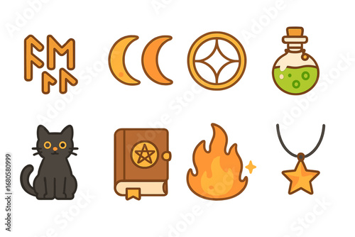 Magical Symbols Illustrations. Flat vector mini-illustrations magical coven symbols in colors children's illustrations: ancient