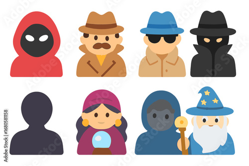 Mysterious Characters Grid. Flat vector mini-illustrations mysterious characters in colors children's illustrations: masked figure