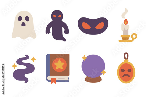 Mystical Children's Icons. Flat vector mini-illustrations curse and supernatural in colors children's illustrations: ghost, shadow