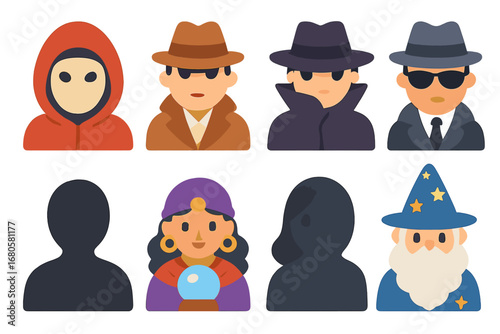 Mysterious Characters Grid. Flat vector mini-illustrations mysterious characters in colors children's illustrations: masked figure