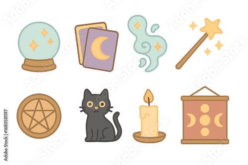 Mystical Icons for Kids. Flat vector mini-illustrations new moon mysticism in colors children's illustrations: crystal ball, tarot