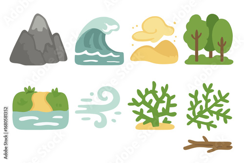 Nature's Challenges Icons. Flat vector mini-illustrations hardship in nature in colors children's illustrations: rocky mountain,