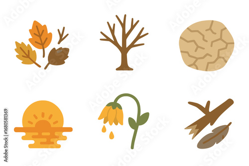 Nature's Seasonal Changes. Flat vector mini-illustrations natural loss and change in colors children's illustrations: autumn