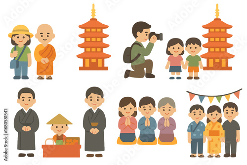 Pagoda Visitors Icons. Flat vector mini-illustrations pagoda visitors in colors children's illustrations: tourists, monks,