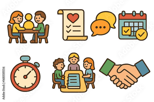 Peace Tools Icons. Flat vector mini-illustrations conflict resolution tools in colors children's illustrations: mediation table,