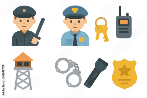 Prison Guard Illustrations. Flat vector mini-illustrations prison guards and staff in colors children's illustrations: guard with