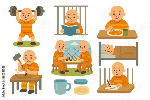 Prison Life Mini-Icons. Flat vector mini-illustrations prison activities in colors children's illustrations: prisoner exercising,