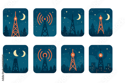 Radio Tower Nightscape. Flat vector mini-illustrations radio tower night view in colors children's illustrations: tower lights,
