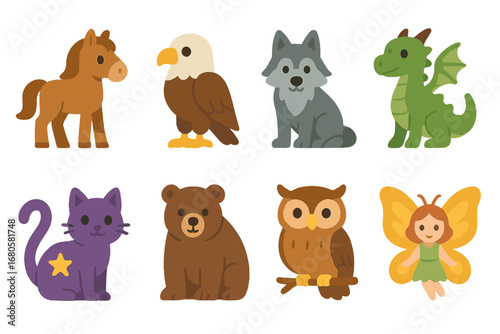 Quest Animal Icons. Flat vector mini-illustrations quest animals in colors children's illustrations: horse, eagle, wolf, dragon,
