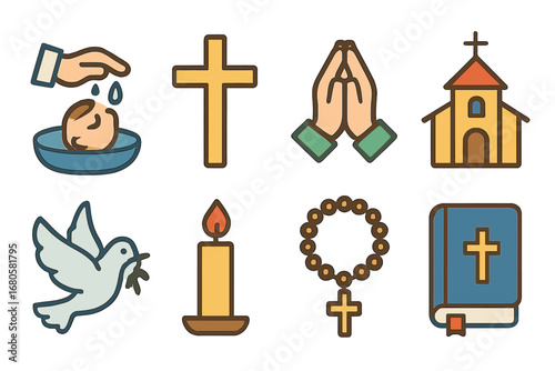 Religious Conversion Icons. Flat vector mini-illustrations religious conversion in colors children's illustrations: baptism, cross