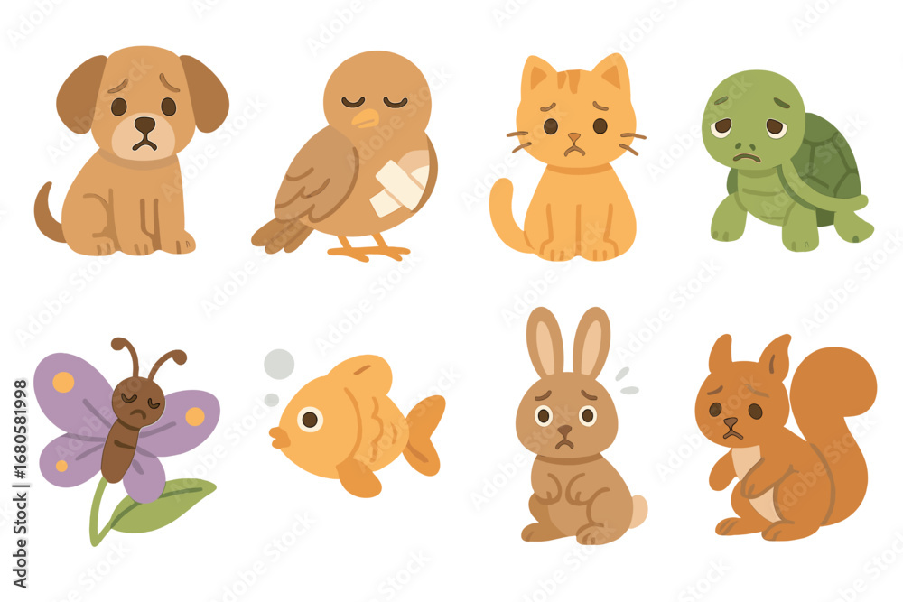 Naklejka premium Sad Animal Icons. Flat vector mini-illustrations suffering animals in colors children's illustrations: sad puppy, injured bird,