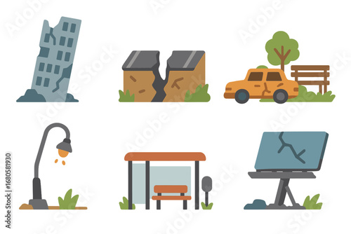 Ruined City Icons. Flat vector mini-illustrations ruined cities in colors children's illustrations: broken skyscraper, collapsed