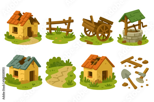 Ruined Village Icons. Flat vector mini-illustrations ruined villages in colors children's illustrations: collapsed houses, broken