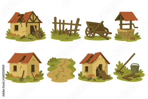 Ruined Village Icons. Flat vector mini-illustrations ruined villages in colors children's illustrations: collapsed houses, broken