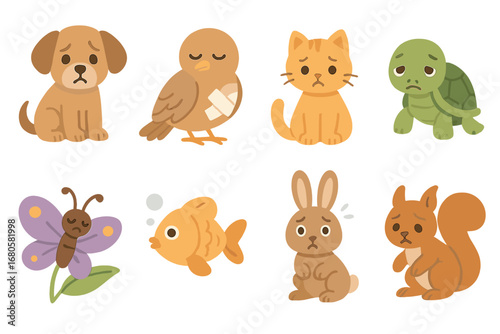 Sad Animal Icons. Flat vector mini-illustrations suffering animals in colors children's illustrations: sad puppy, injured bird,