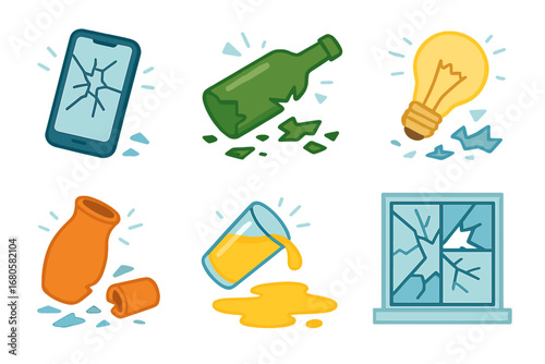 Shattered Objects Grid. Flat vector mini-illustrations shattered glass and accidents in colors children's illustrations: dropped