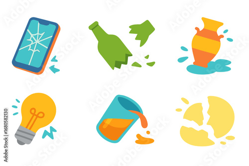 Shattered Objects Grid. Flat vector mini-illustrations shattered glass and accidents in colors children's illustrations: dropped