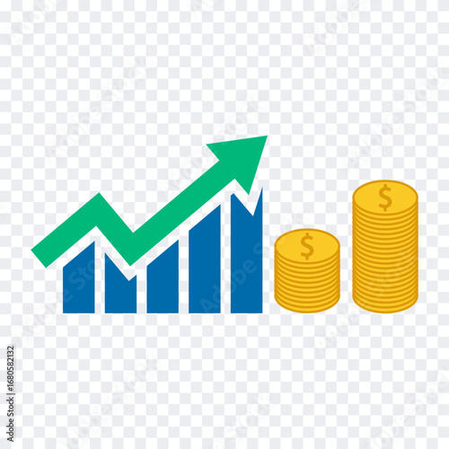 Business growth diagnostics with an upward arrow and coins symbolizing financial and economic progress.