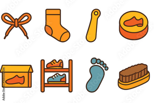 Shoe Accessories Grid. Flat vector mini-illustrations shoe related items in colors children's illustrations: shoelace, sock,