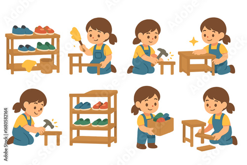 Shoe Rack Upkeep. Flat vector mini-illustrations shoe rack maintenance in colors children's illustrations: cleaning shoe rack,