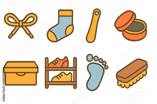Shoe Accessories Grid. Flat vector mini-illustrations shoe related items in colors children's illustrations: shoelace, sock,