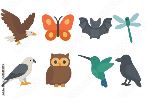 Sky Animals Icons. Flat vector mini-illustrations sky animals in colors children's illustrations: eagle flying, butterfly