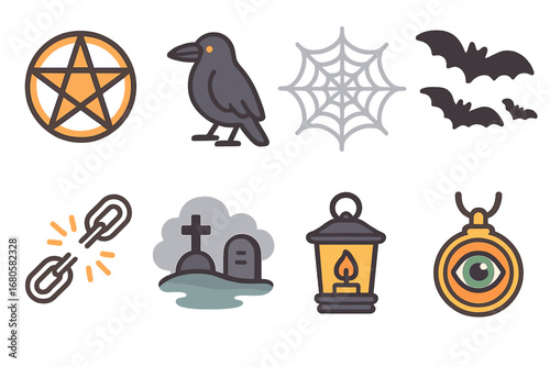 Spooky Symbols Grid. Flat vector mini-illustrations spooky curse symbols in colors children's illustrations: pentagram, black