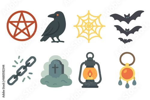 Spooky Symbols Grid. Flat vector mini-illustrations spooky curse symbols in colors children's illustrations: pentagram, black
