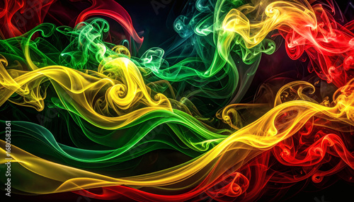 Abstract Smoke Curves and Waves Background in Reggae Colors Green, Yellow, and Red for Vibrant and Artistic Design Artwork