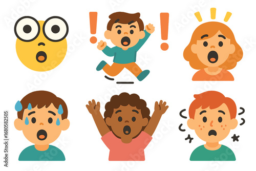 Surprise Icons Grid. Flat vector mini-illustrations shock and surprise in colors children's illustrations: popping eyes, jumping