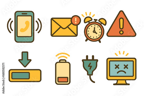 Tech Alerts Icons Grid. Flat vector mini-illustrations sudden technology alerts in colors children's illustrations: phone ringing,