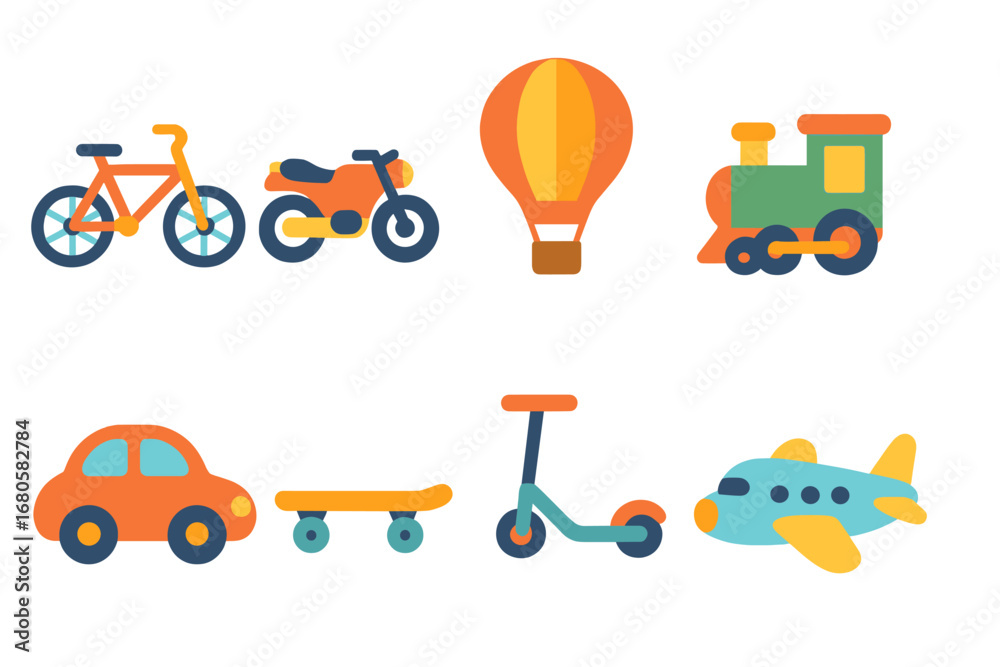 Naklejka premium Transport Adventures for Kids. Flat vector mini-illustrations journey transport in colors children's illustrations: bicycle,