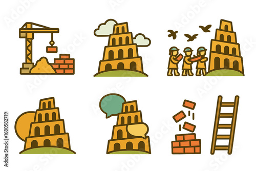 Tower of Babel Icons. Flat vector mini-illustrations tower of babel scenes in colors children's illustrations: construction site,